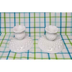Vintage set of Fenton hobnail milkglass candle stick holders